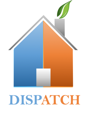 DISPATCH logo, profile of a blue and orance house with leaf coming out of chimney and DISPATCH written underneath